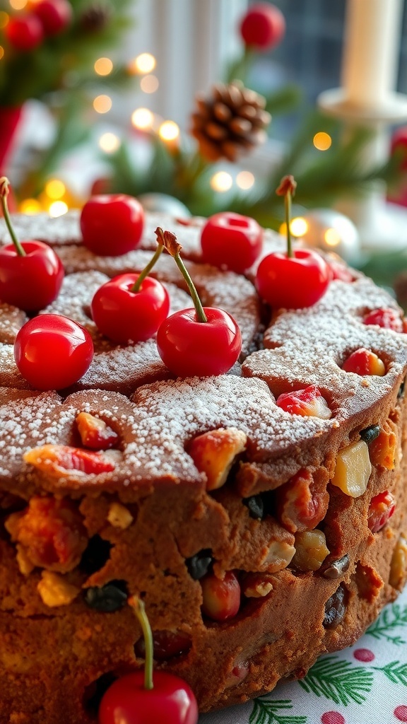 Traditional Christmas Fruit Cake Recipe Traditional Christmas fruit cake decorated with cherries and powdered sugar on a festive table.